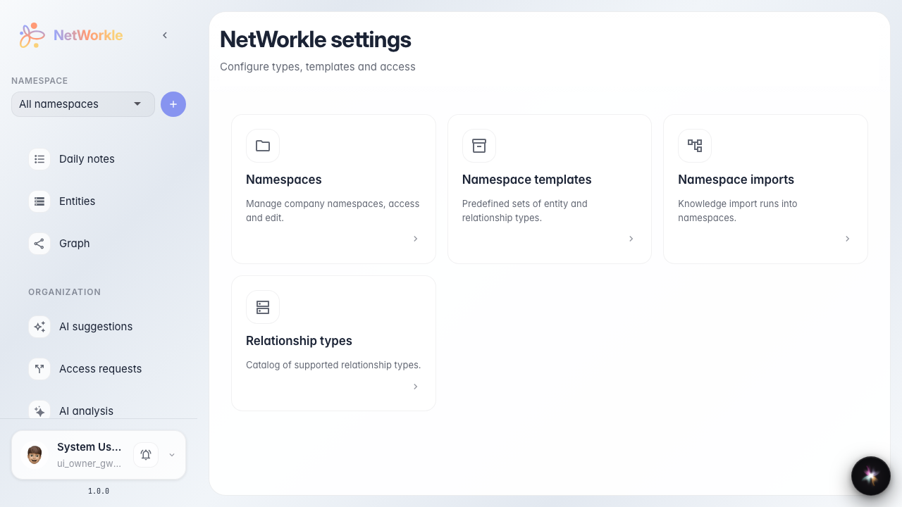NetWorkle settings hub is displayed with cards