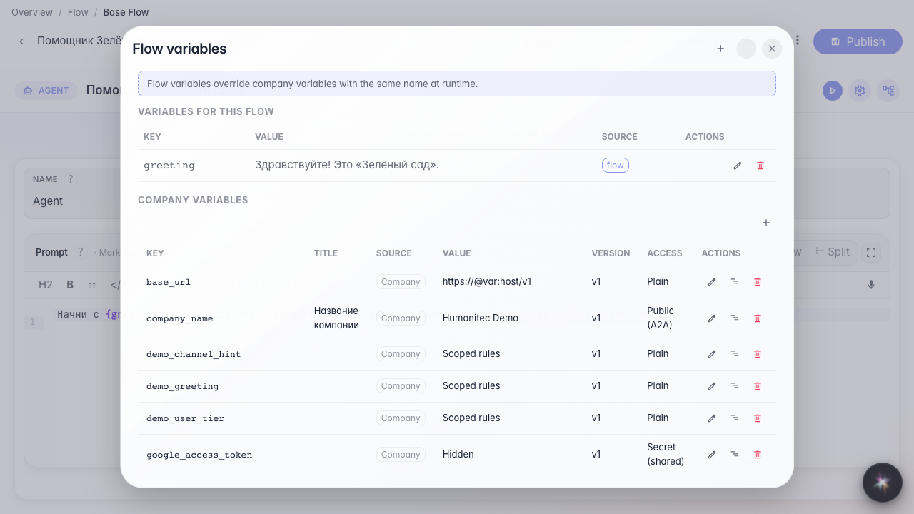 Open agent variables