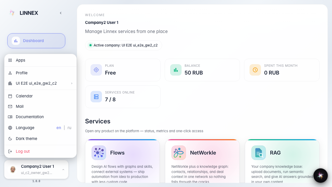 Open the user menu. It contains apps, profile, company, calendar, documentation, language, theme, and sign out.