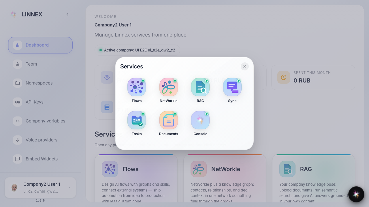 Apps opens the service launcher. It is a quick way to go to Flows, NetWorkle, RAG, Sync, or Documents.
