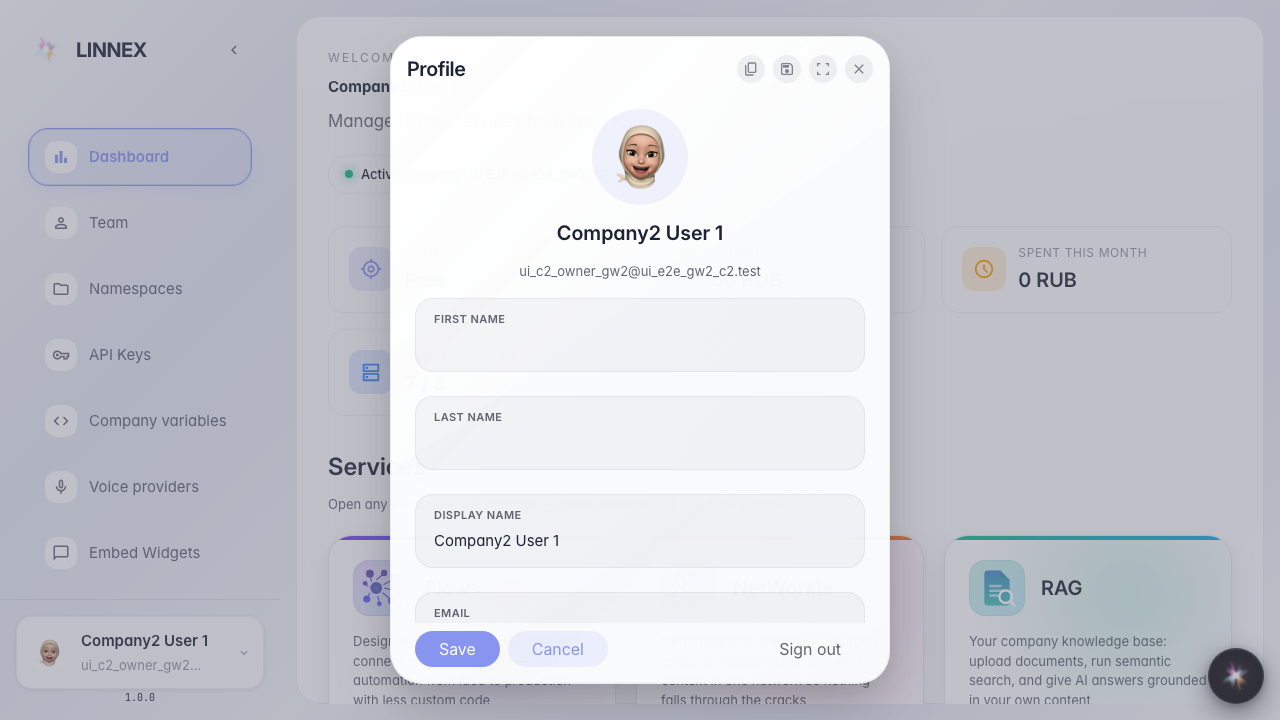 Profile opens the user card with name, email, roles, and account actions.