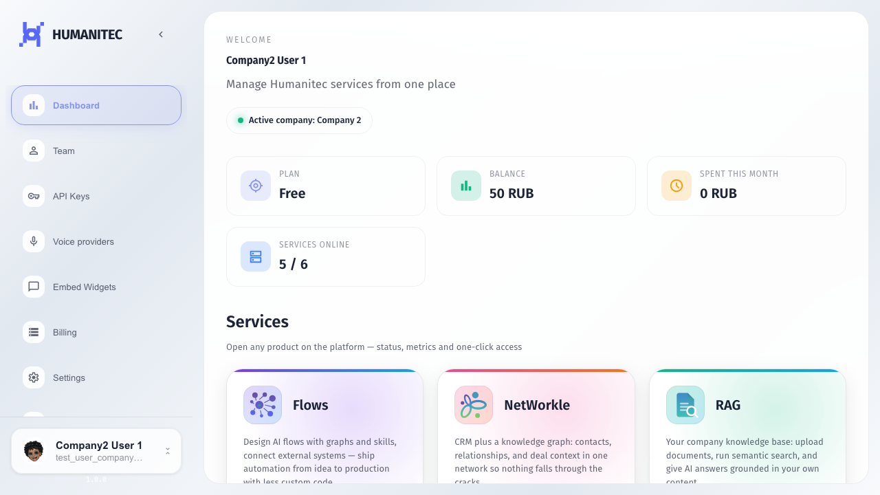 Dashboard shows the company's main services. System-only services are hidden from a regular company.