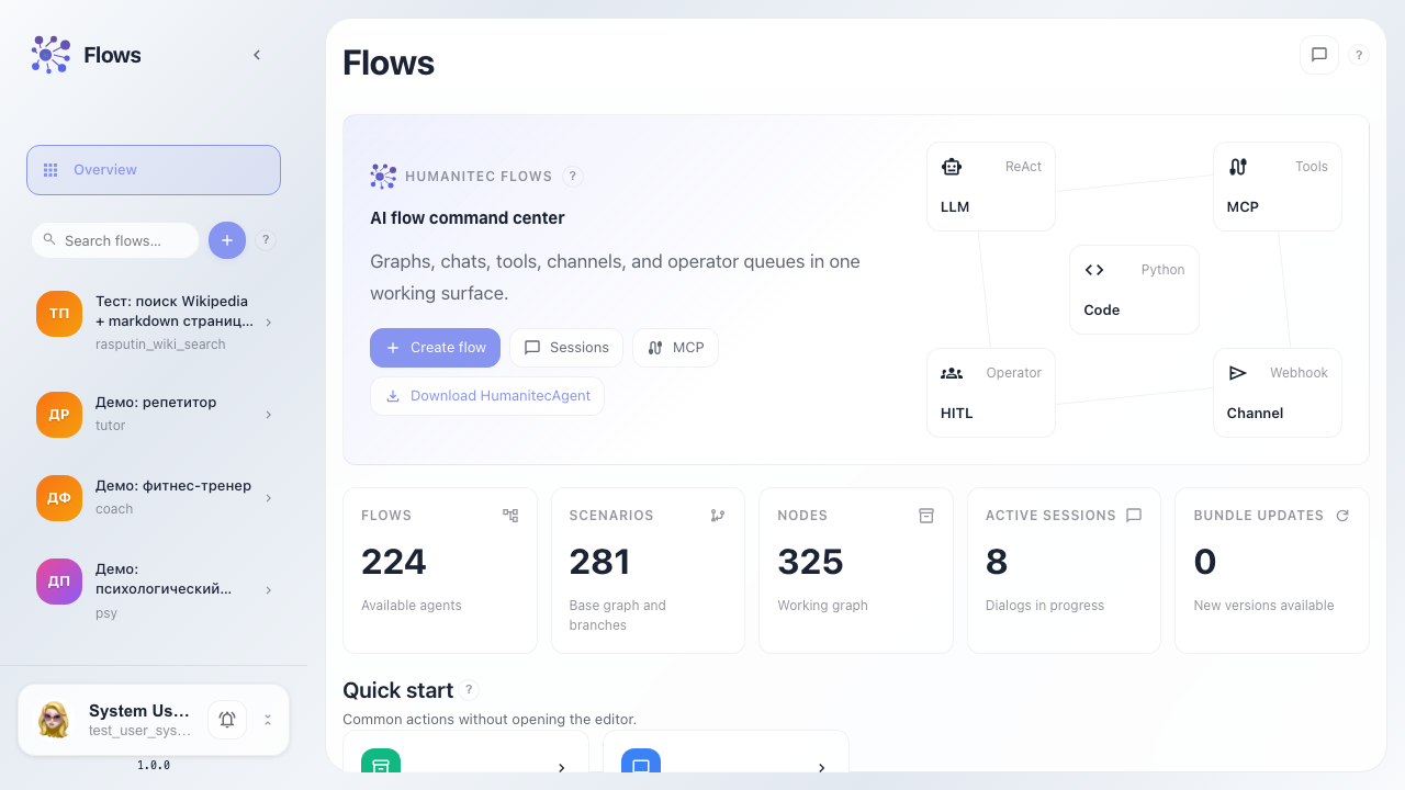 Открываем Flows. Это список ваших flow: здесь можно найти готового агента или создать нового.