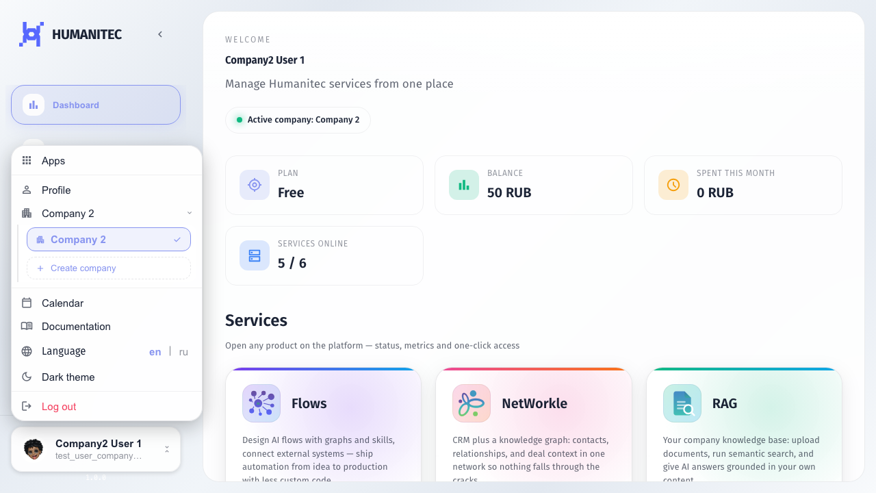 Нижние пункты меню: Documentation открывает справку, Language меняет язык, Theme переключает тему, Logout выходит из аккаунта.